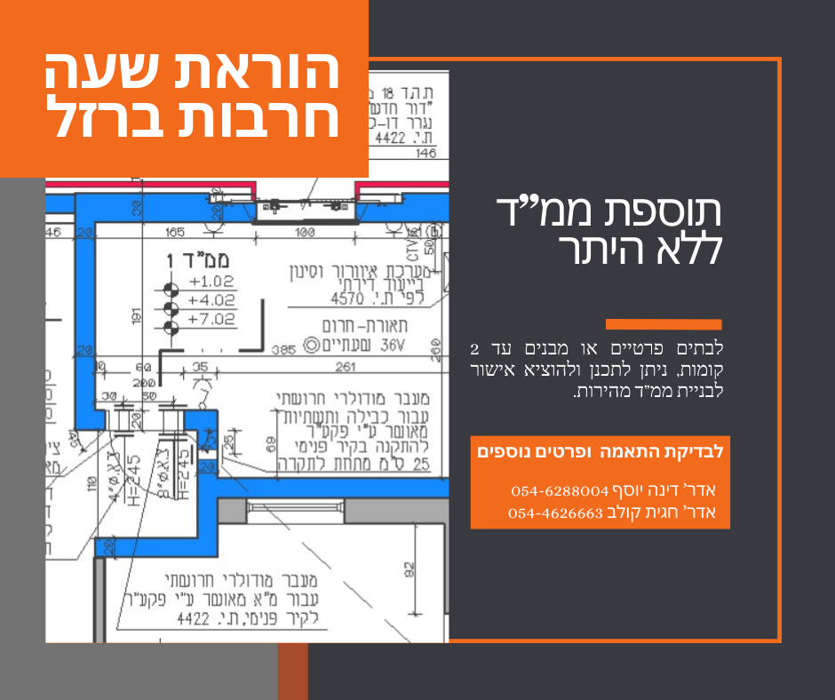 תוספת ממ"ד ללא היתר: הוראת שעה חרבות ברזל.
לבתים פרטיים או מבנים עד 2 קומות ניתן לתכנן ולהוציא אישור לבניית ממ"ד מהירות.